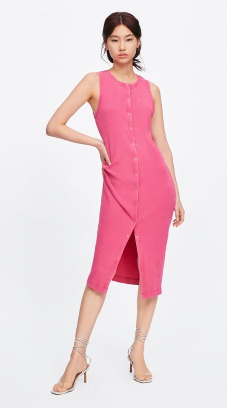 ZARA Pink Long Tunic Vest Top Scoop Neck Snap Button Sleeveless Dress SIZE XL